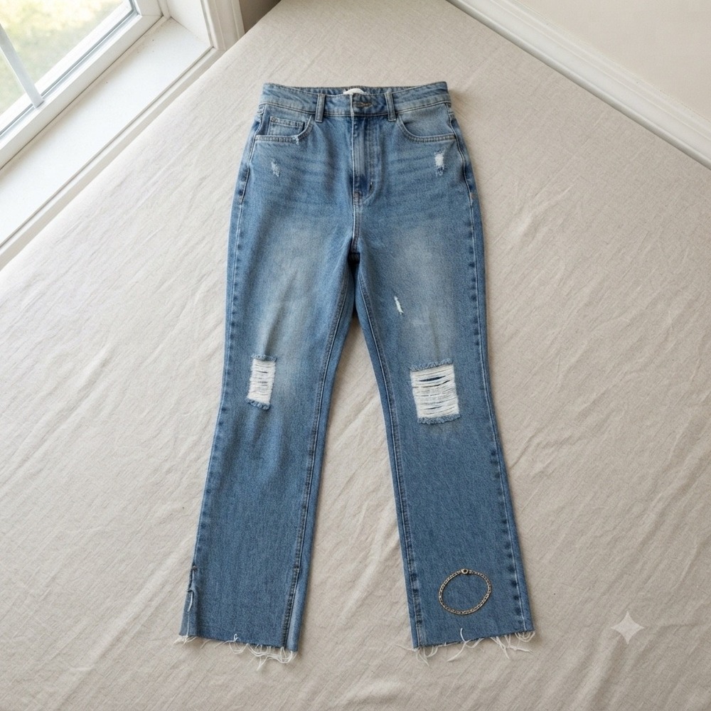 Avec Les Filles Jeans Womens 30 Blue Distressed High Rise Straight Leg Raw Hem